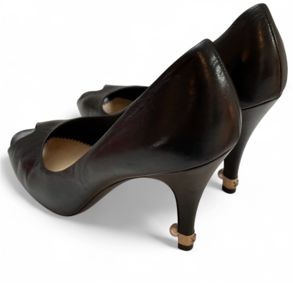 Chanel Black Leather Peep-Toe Pearl Logo Heels Size 8.5 - Picture 7 of 15